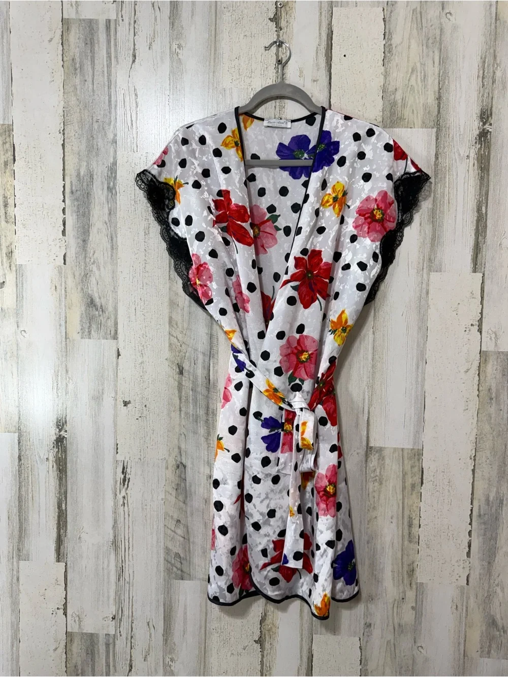 Floral Polka Dot Satin Chemise & Robe Set - White with Multicolor Flowers